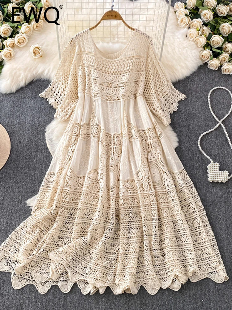 EWQ Fashion Casual Hollow Out Dress For Women Solid Color O-neck Half Sleeve Embroidery Loose Dresses Clothing 2024 27C507