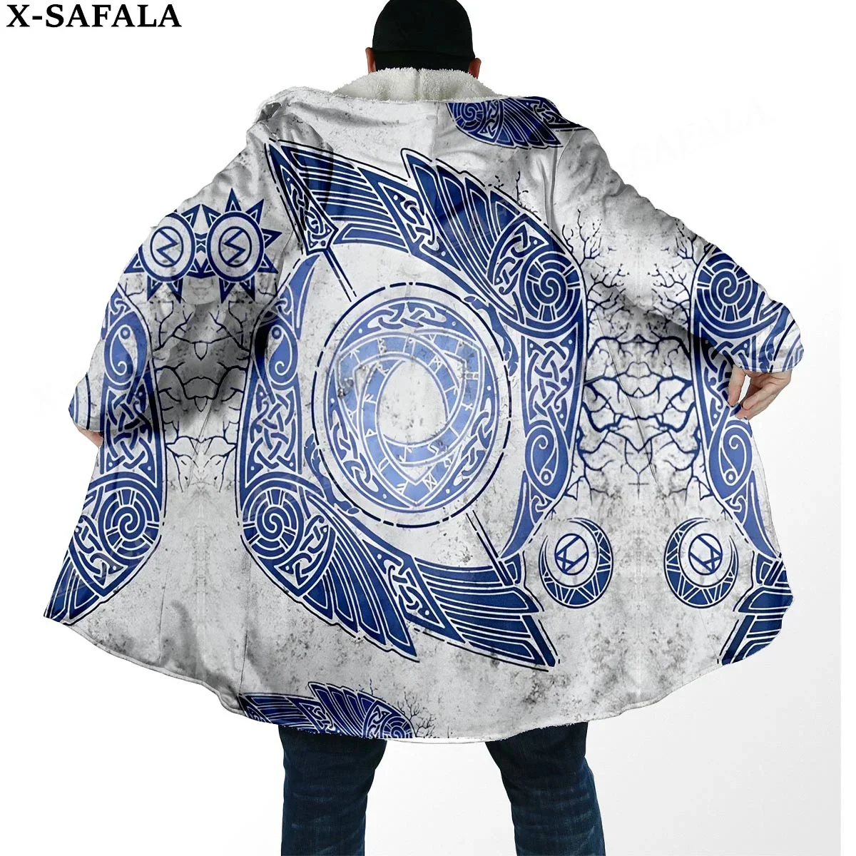 Viking Raven Tattoo Symbol Totems Art Thick Warm Hooded Cloak Men Overcoat Coat Windproof Fleece Cape Robe Hooded Blanket-10