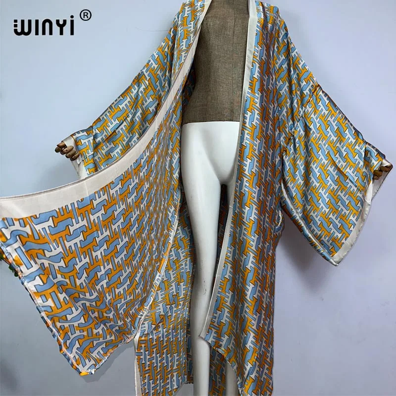 WINYI kimono letnie klasyczny nadruk kobiety luźna długa sukienka elegancka impreza Boho Maxi wakacje na plaży Kimonos kaftan