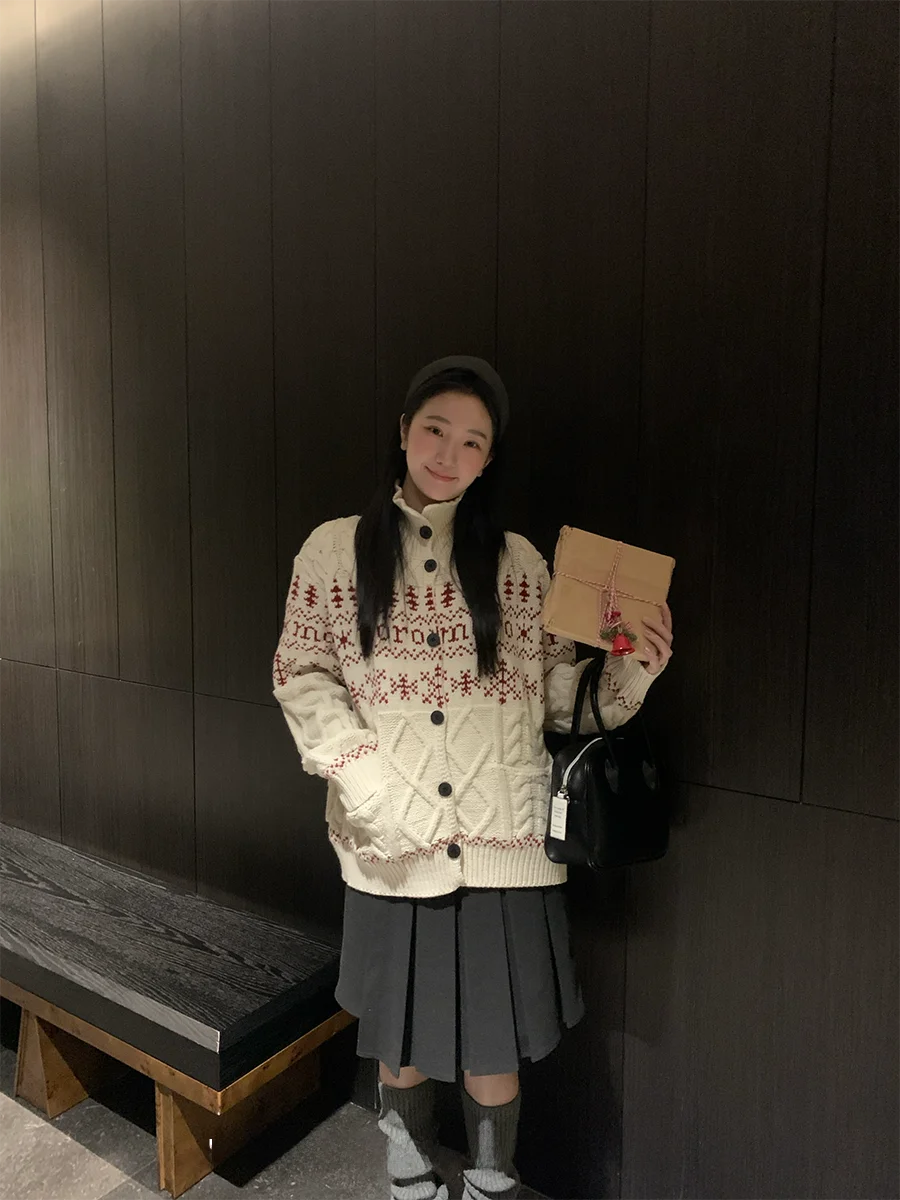 

Вязаный кардиган в стиле ретро, утепленный, свободного кроя, с отложным воротником, с длинными рукавами, зимний, модный, для женщин