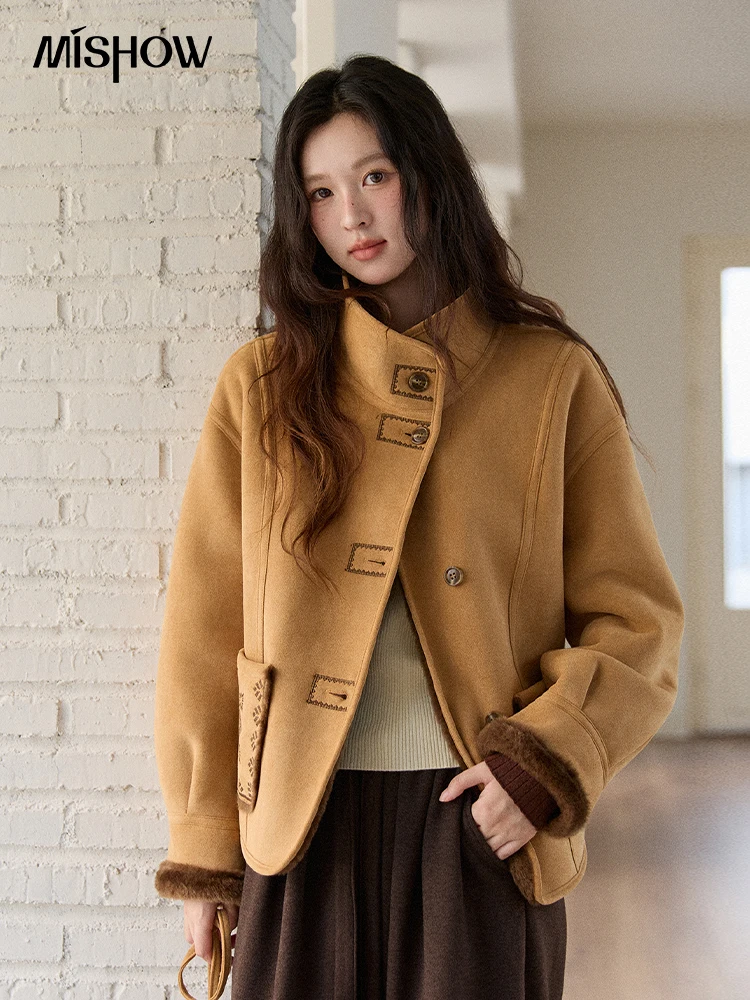 

MISHOW Retro Faux Suede Jacket for Women 2025 Autumn Winter New Turtleneck Splicing Short Jacket Windproof Outerwear MXE88W0927