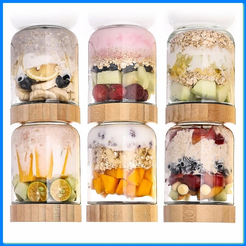 6-Pack Overnight Oats Containers with Bamboo Airtight Lids, 16oz Wide Mouth Salad Jars, Glass Food Storage Containers-A57M