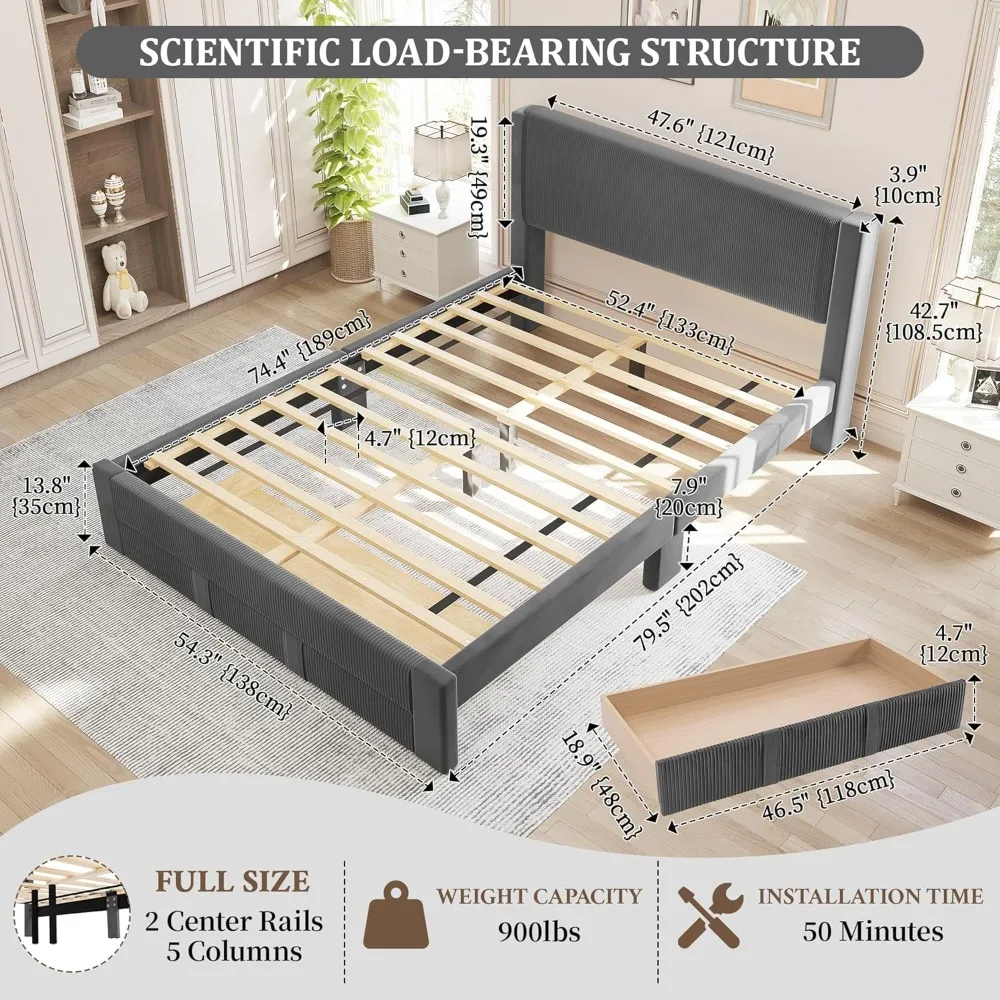 Bed Frame with Storage, Wood Platform Bed Frame Full with Fully Velvet Upholstered Headboard, Strong Wooden 12-Slats S