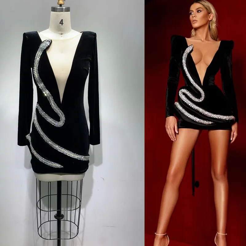 

Вечернее платье из черного бархата с длинными рукавами и V-образным вырезом, облегающее, сексуальное, для свадеб, выступлений и повседневного использования