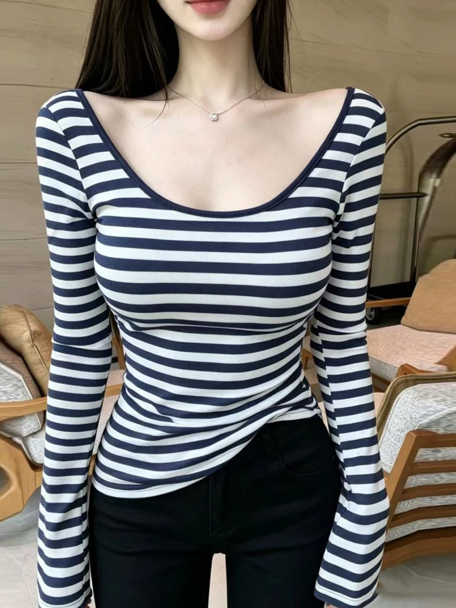 Korean Style Hot Girl Design Striped Backless Hollow out Long Sleeve Women's T-Shirt with Chest Pad Slimming Waist Cinched Top
