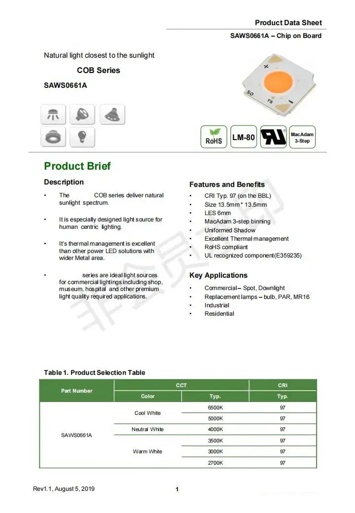 SunlikeKorea COB LED SAW0661A CRI 97 7W DIY für LED-Lampen, PAR, MR16, Spot, Downlight – Detail 1