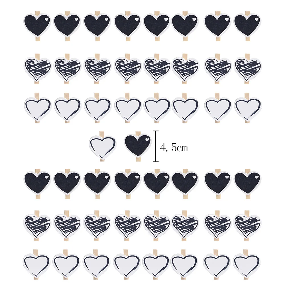 45x7mm/5pcs Wooden Black Love Heart Photo Clips Memo Label Paper Peg Clothespin Stationery Christmas Wedding Party Craft Decor