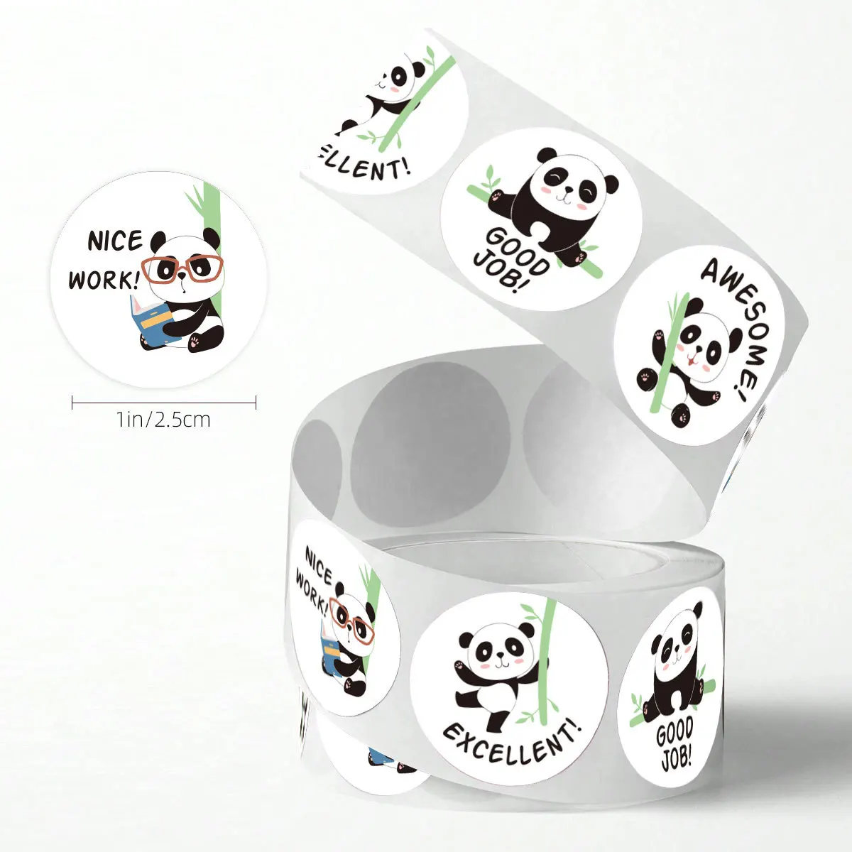 100-500PCS Panda Reward Stickers Roll for Kids, 1 Inch Round Cute Animal Panda Bamboo Kindergarten Teacher Motivational Stickers