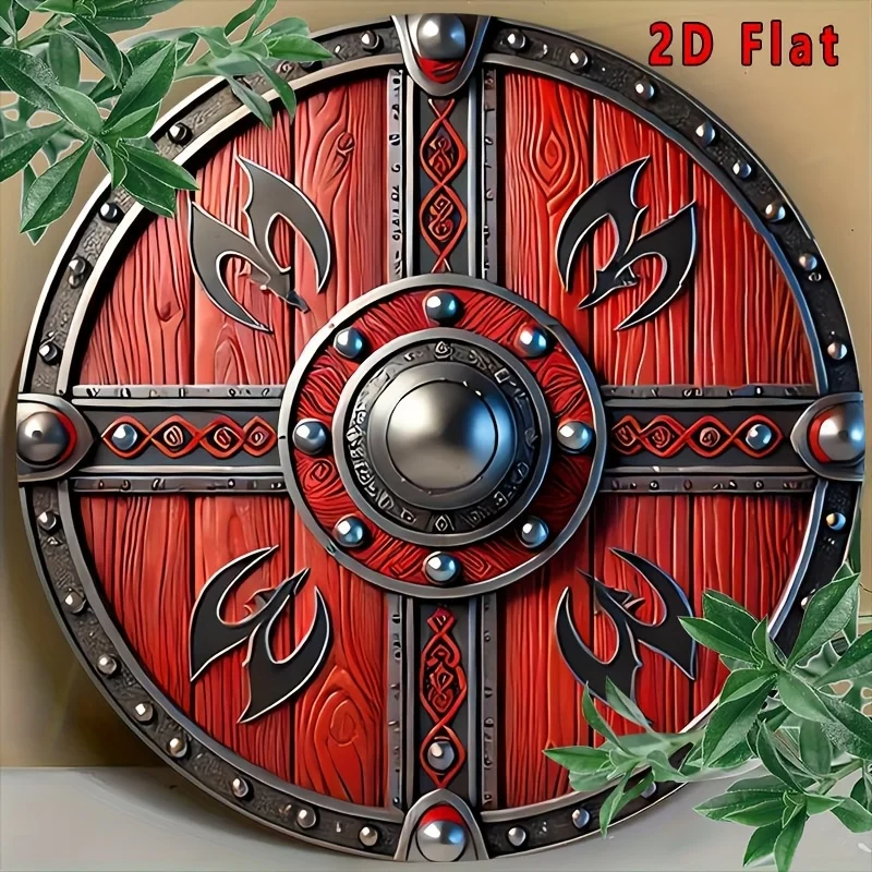 [2D Flat] 1pc Viking Shield Metal Wall Art, 8x8