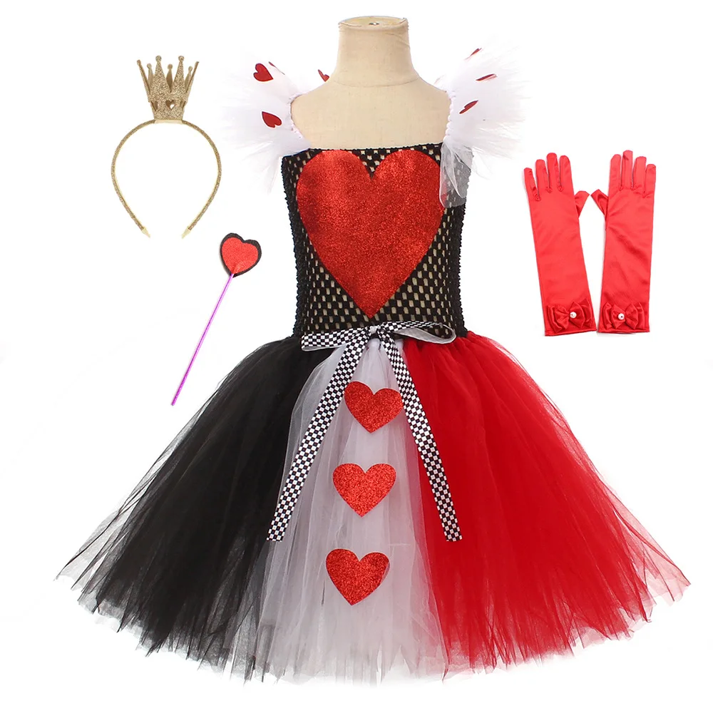 

Red Queen Festive Dress for Girl Children Long Tutu Dress Christmas Halloween Costumes Carnival Disguise with Crown Hearts Wand