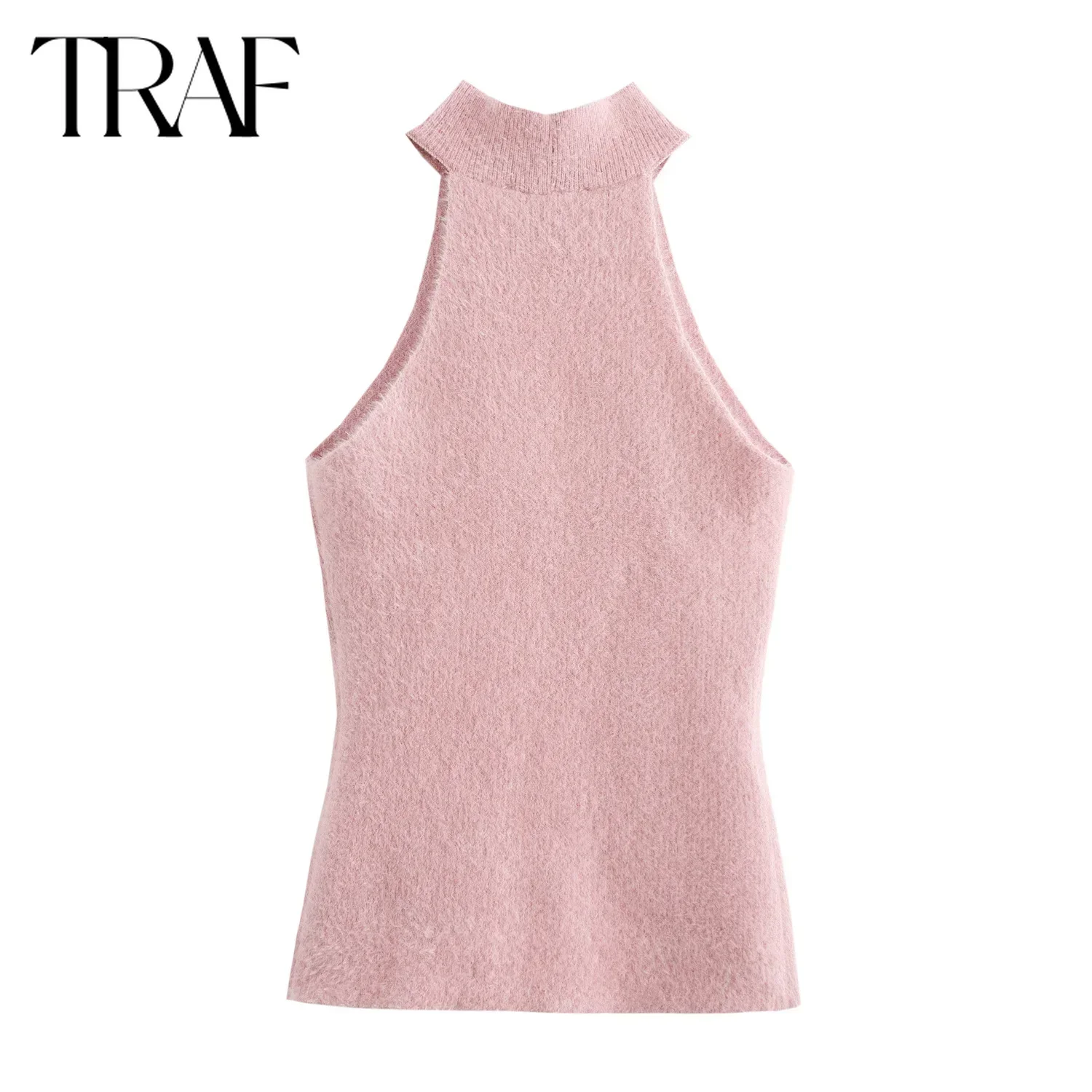 TRAF Knitted Vest for Women Fashion 2024 Autumn Winter  New Artificial Pearl Halter Top Sleeveless Chic Ladies Tops Mujer