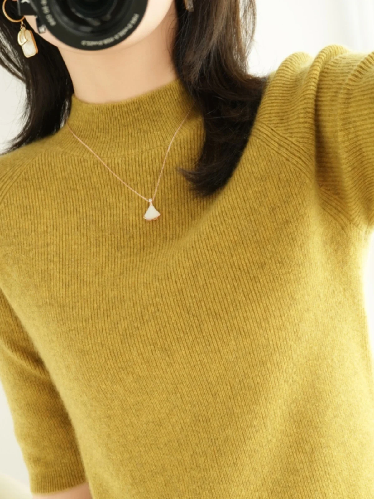 春の反季節ウールニットトップス レディース ラウンドネック スリムフィット カメレオン ファイブクォーター スリーブ ハイカラー