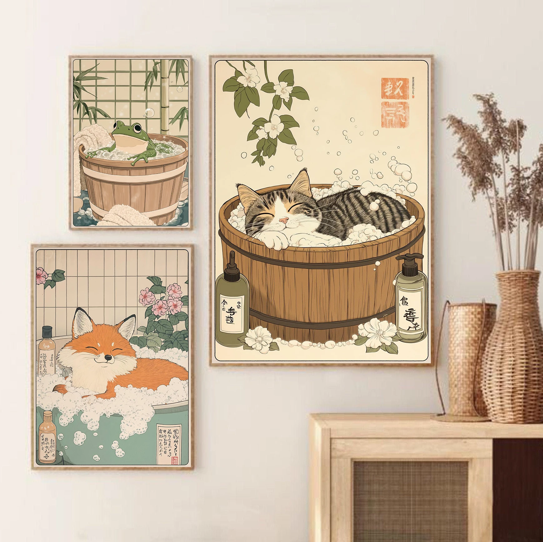 Chinese Dragon Crane Tiger Tabby Cat Bathtub Posters Prints Canvas Painting Wall Art Picture Living Room Playroom Home Decor