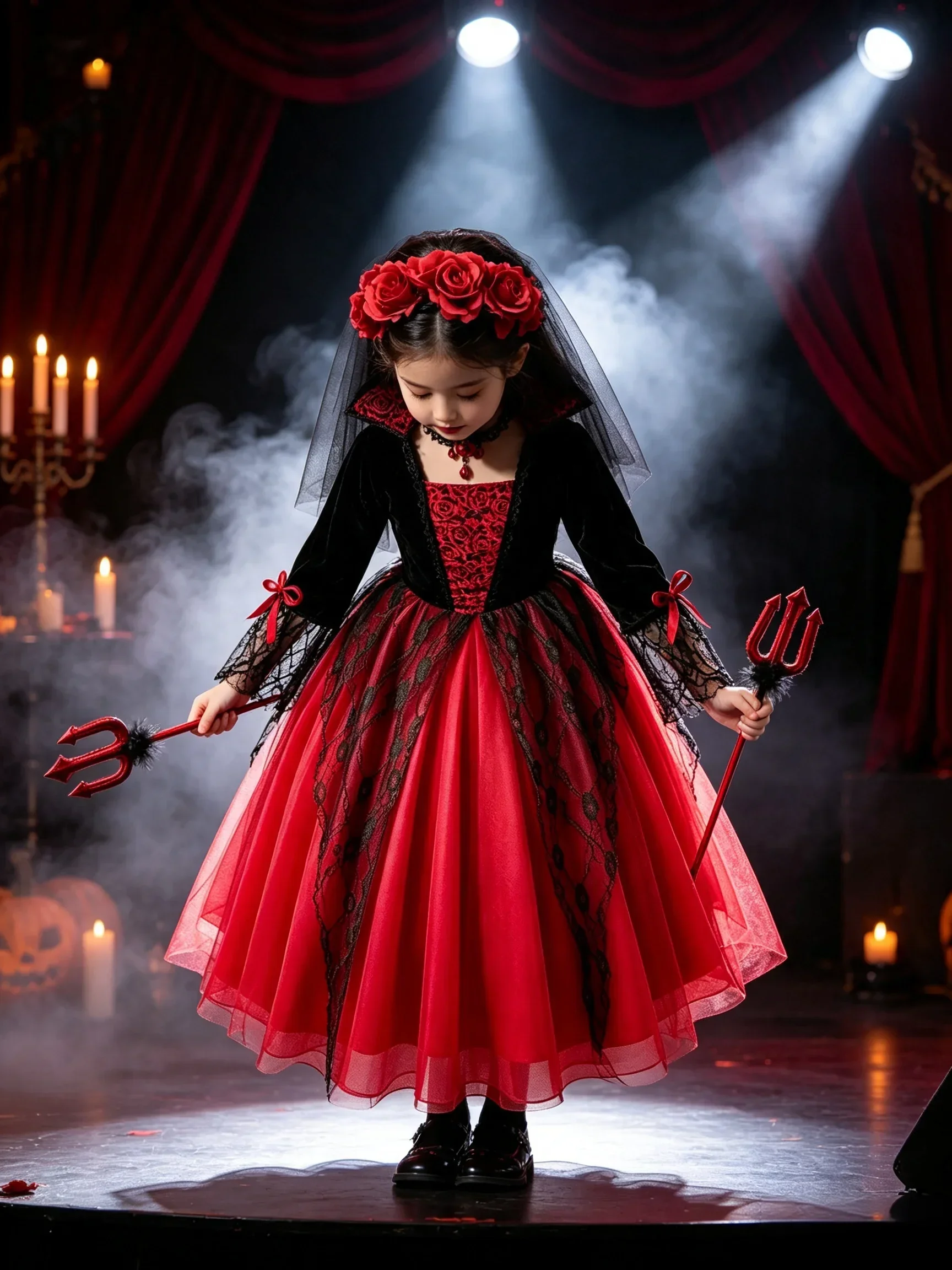 Mädchen Cosplay Halloween Vampir-Teufel-Kleid für Kinder Geisterbraut Gothic-Kostüm Vampir-Karnevals-Outfits Schwarze Rote Netzkleidung – Detail 3