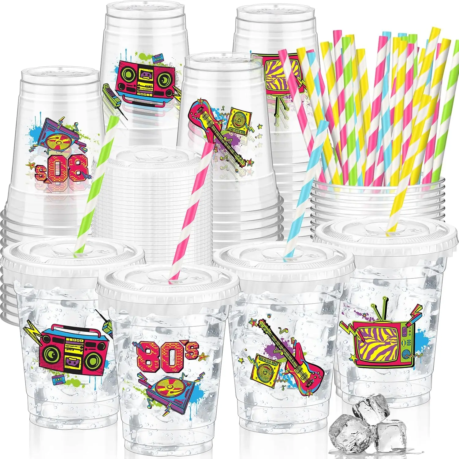 

50 Pcs 80's Party Cups Disposable Plastic Cup 12 Oz G Back to 80s mugs Thick 80s Theme Clear mug Lids Straws Retro Music