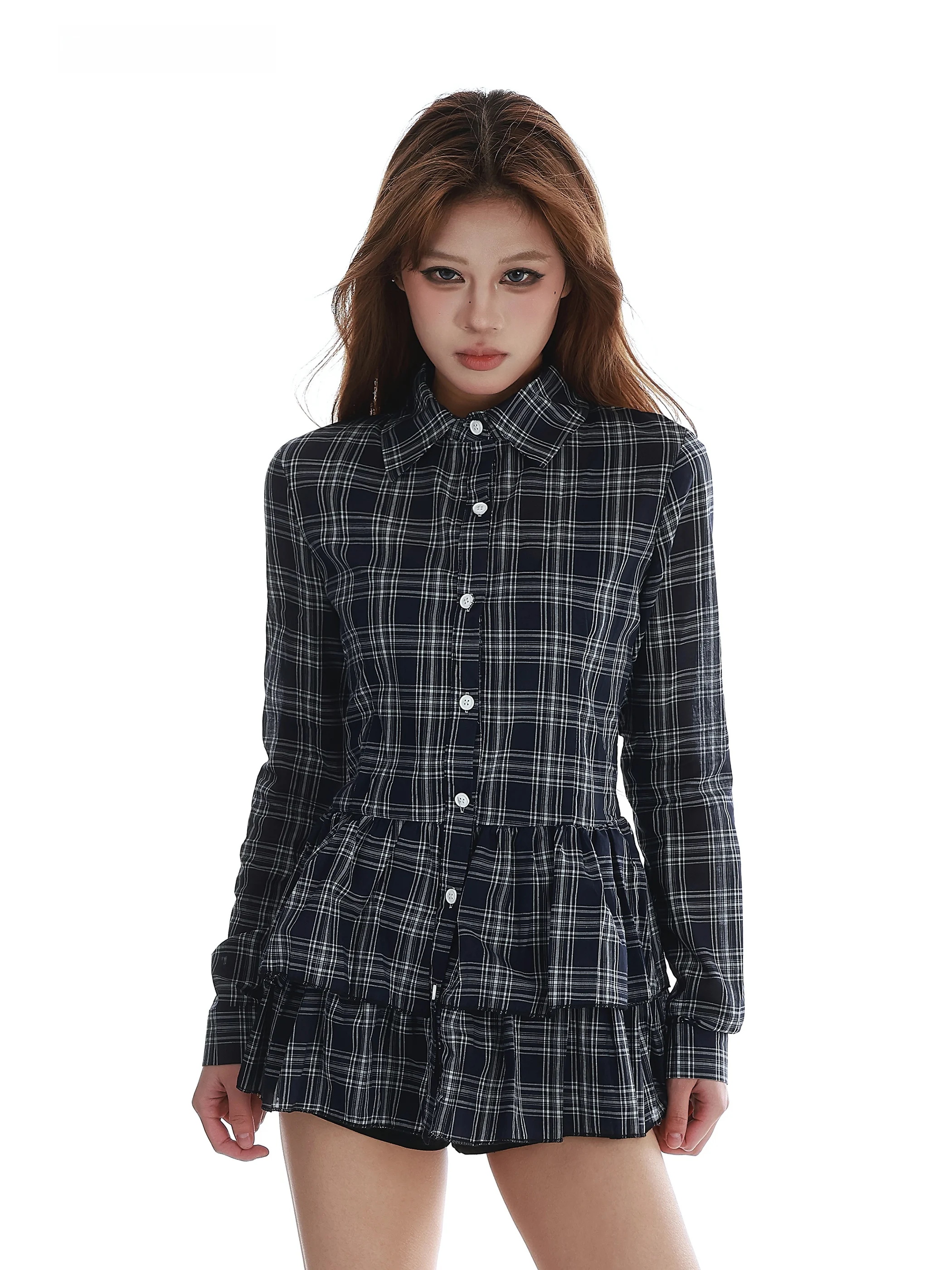 

Slim Fit Long Sve irt Women's Early Spring Plaid Cotton Casual Sle Waist Cinched irt American Sle Turn Collar Tren...