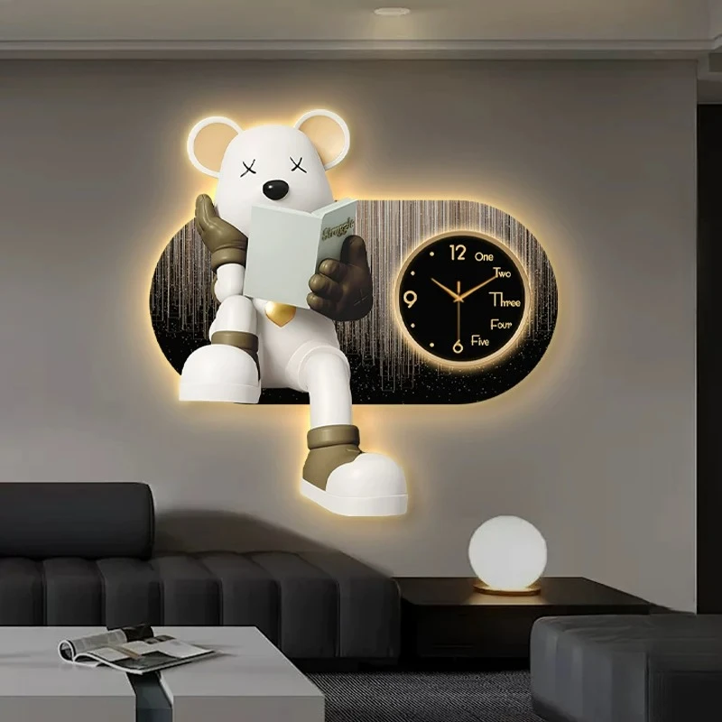

Creative Living Room Decor Wall Clock Luxury Cartoon Bear LED Mute Clock Wall Painting Corridor Quartz Clock Watch Home Decor