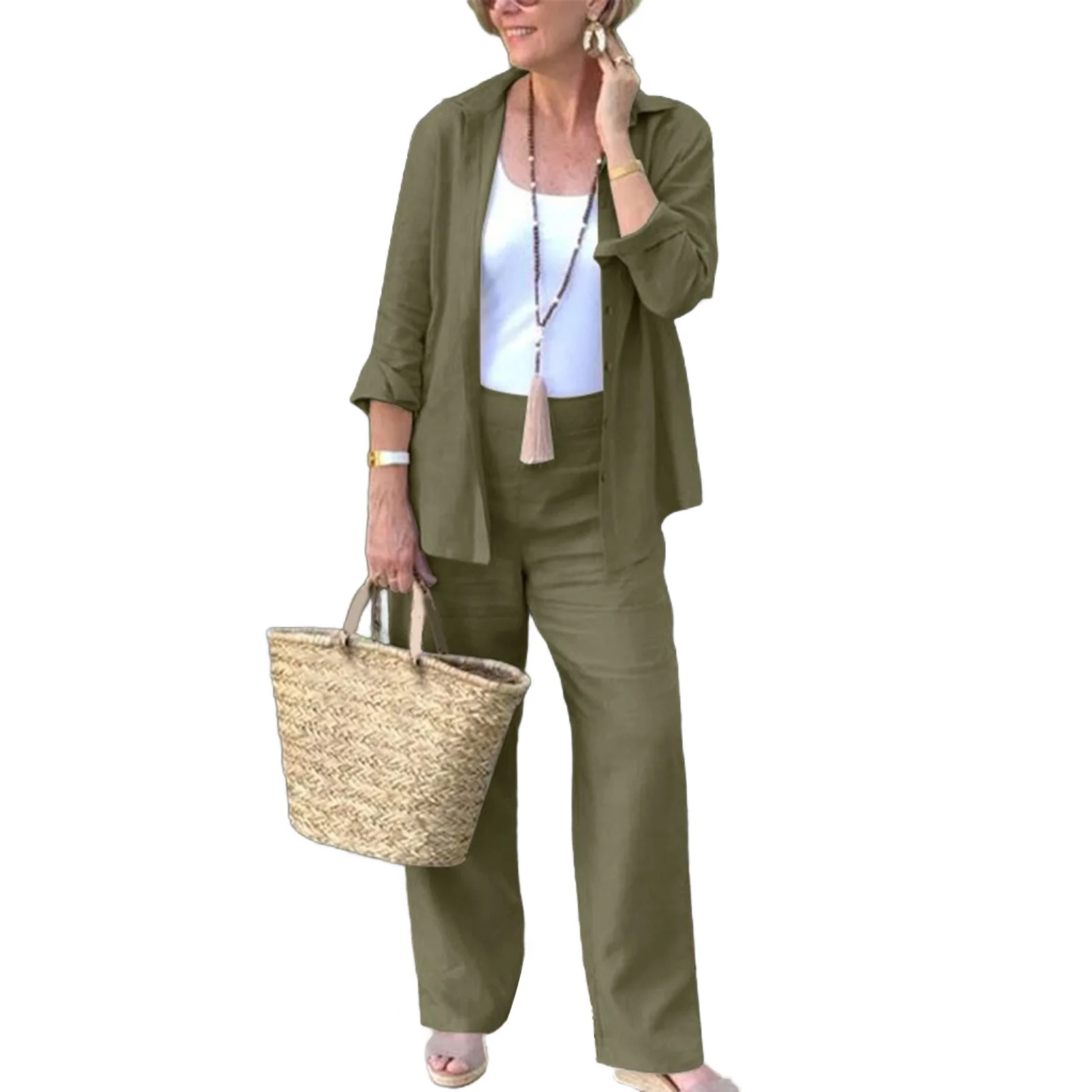 Autumn Summer Button Pants Set Women's Trendy Turn-Down Collar Slim Fit Shirt and Pants Chic Commuting Blouse Outfit 2pcs Sets