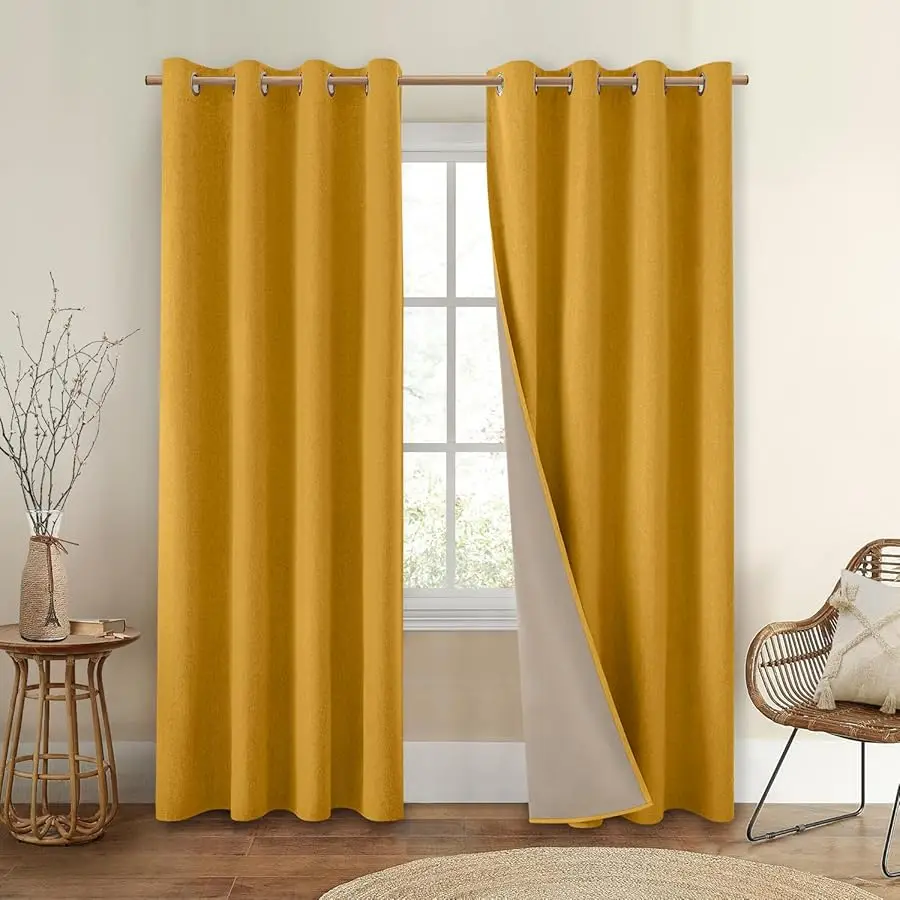 

Mustard Yellow 100% Blackout Curtains 2 Panels Linen Room Darkening Curtains 52 X 84 Inches Thermal Insulated Grommet Window Dra