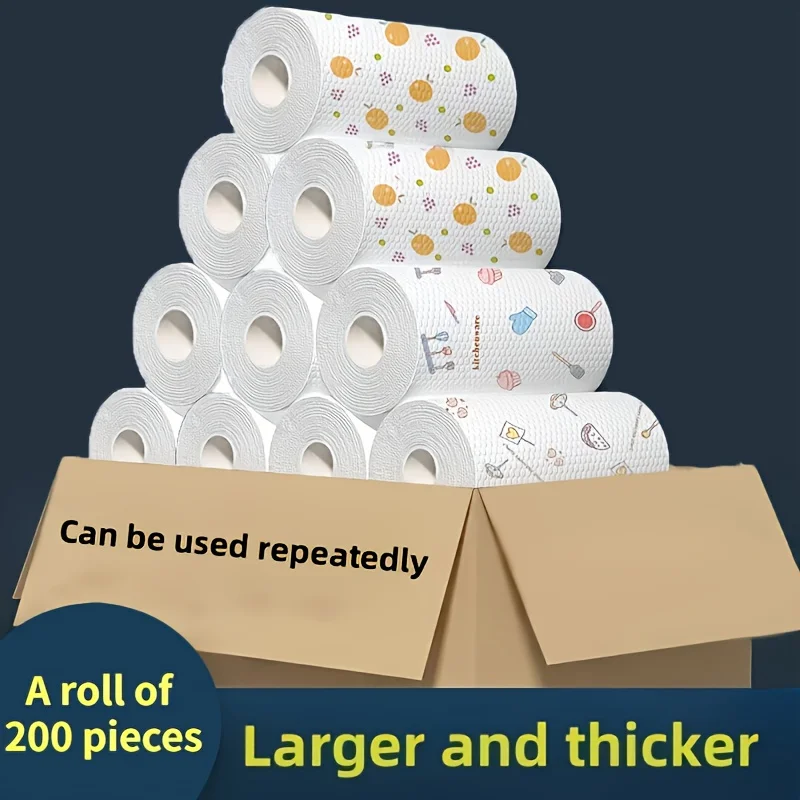 1 Roll (200 Sheets) Washable Kitchen Paper, Reusable Cleaning Cloths for Home & Travel, Multi-style Lazy Wiping Towels, 8