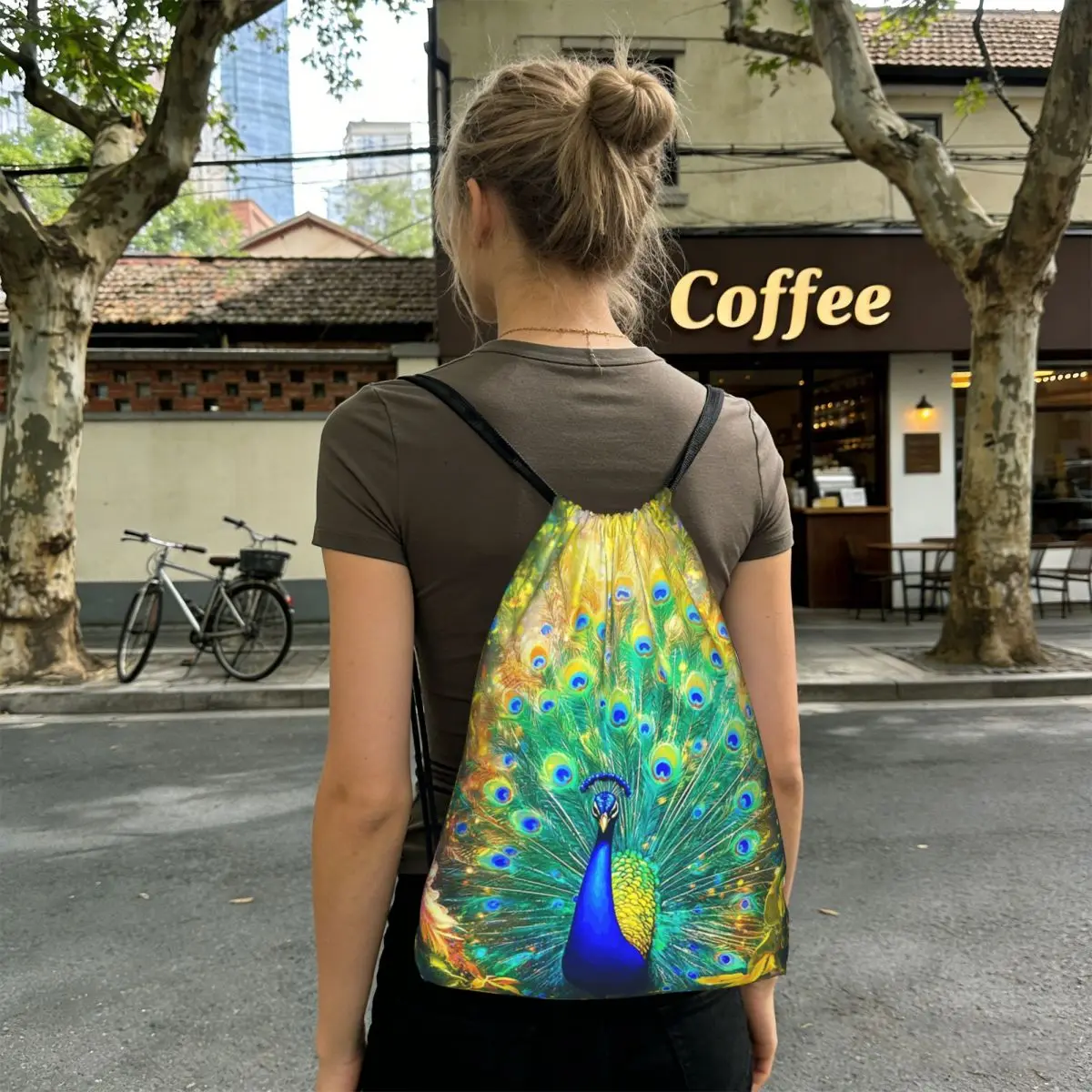 

Colorful Peacock Feather Backpacks Casual Drawstring Bundle Pocket Sports Bag Book Bags for Man Woman School