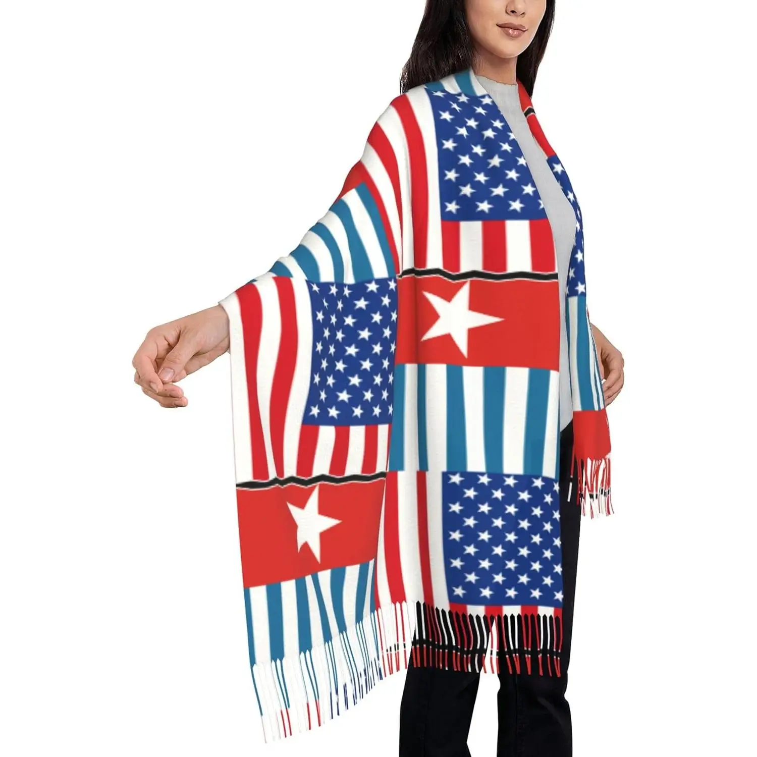 

Американский флаг и западный национальный флаг Папуа, женская мода, длинный шарф с кисточками, стильные шали с бахромой и принтом, накидки