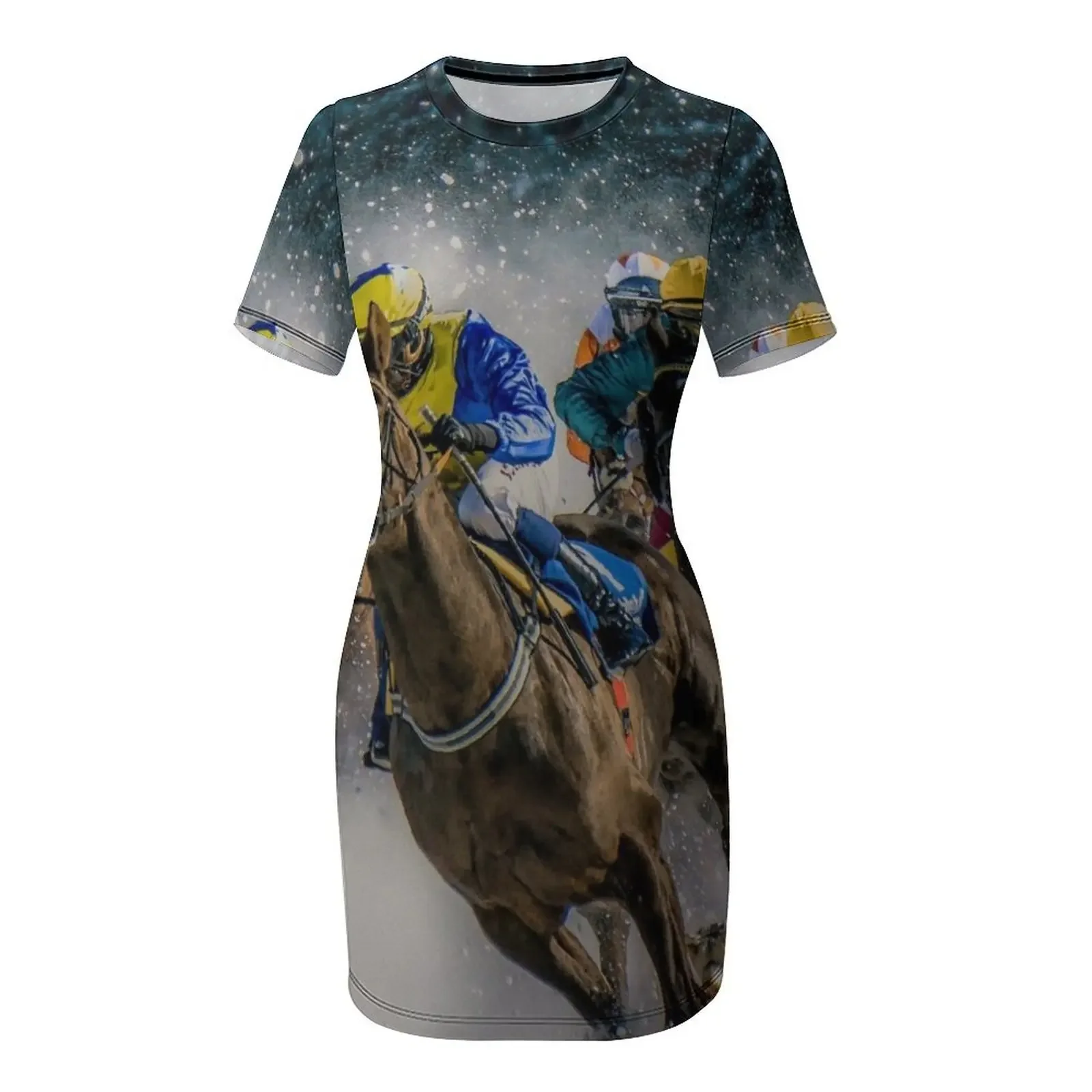 تي شيرت رياضي برسومات سباق الخيول فستان بأكمام قصيرة ملابس نسائية صيف 2025 فستان مبتكر