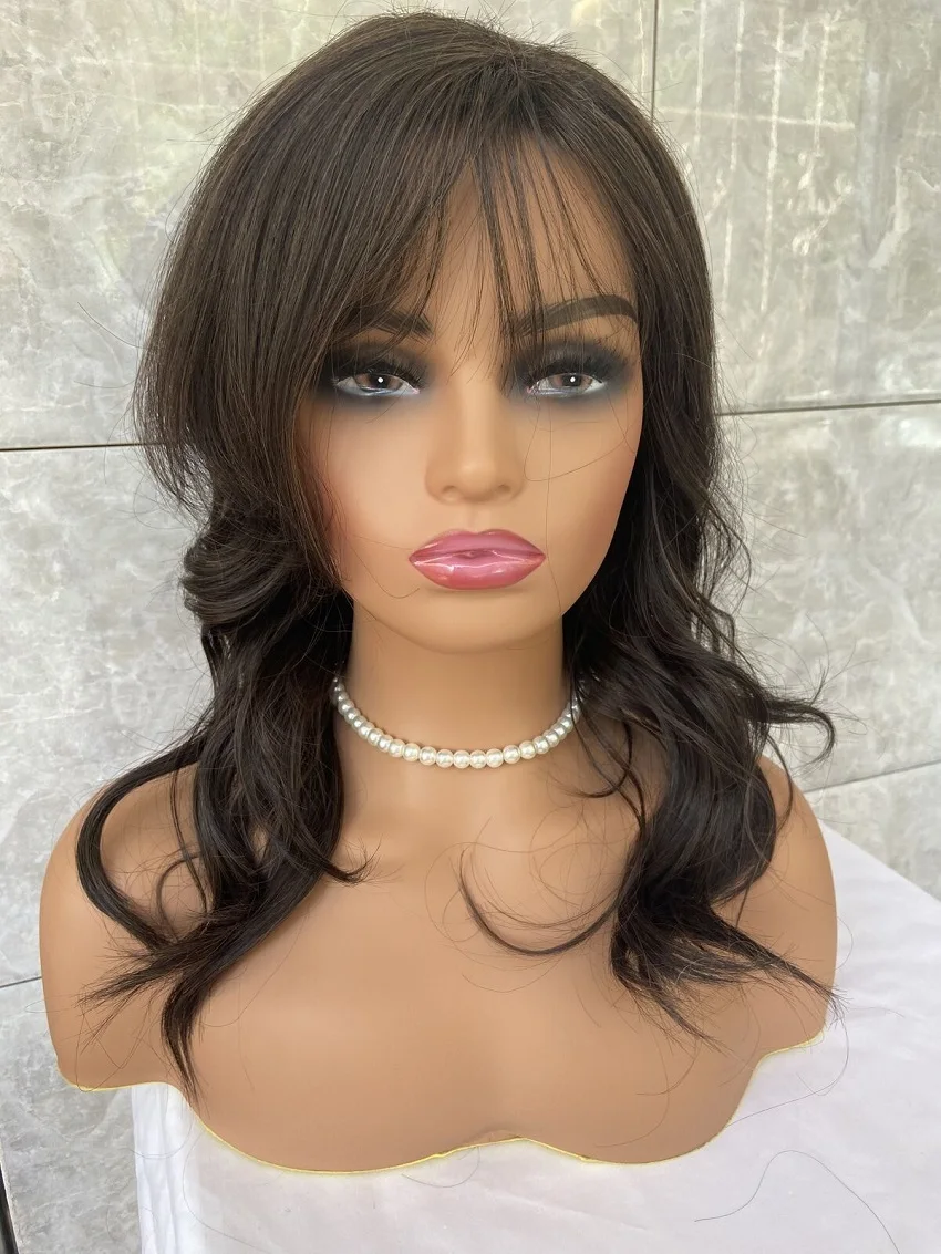 

Heat OK Wavy Long Human Hair Blend full Wig Dark Brown Bangs Layered Natural