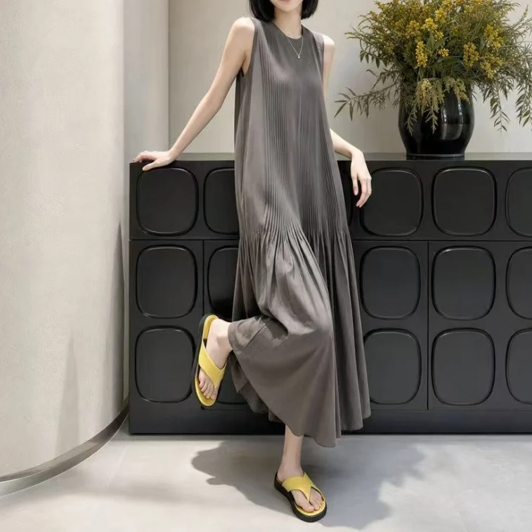 Slimming Long Sleeveless Summer Dress Women's Loose Knee-Length Casual Polyester Fiber City Commute Style Other Material