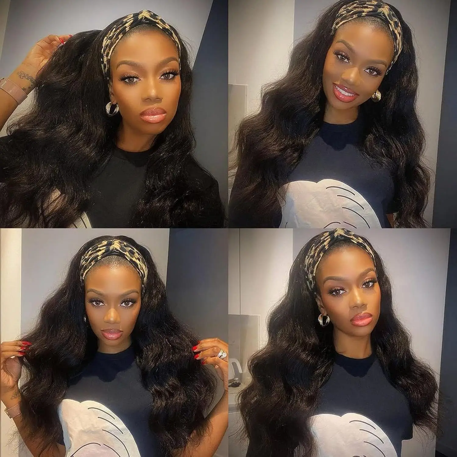 Headband Wig Human Hair Body Wave 16 Inch Wig Half Wig Brazilian Virgin Hair Straight Deep Wave Wear and Go Wigs for Black Women 200% Density Wigs Natural Black Color Machine Made