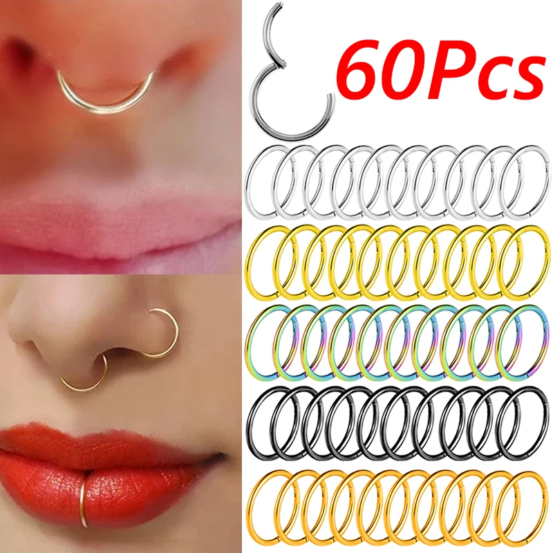 60Pcs 6/8/10/12mm Surgical Steel Small Nose Rings Stud Mixed Color Body Clips Hoop For Women Men Cartilage Piercing Punk Jewelry