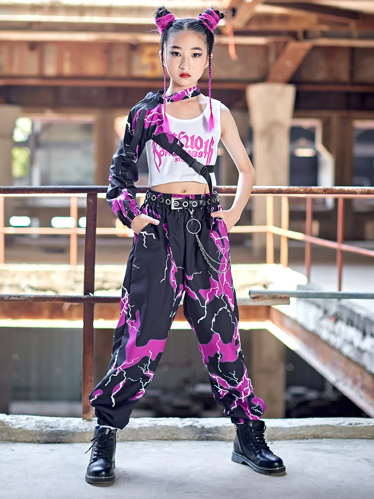 New Girls Jazz Dance Costume One-Sleeve Suit Navel Loose Hip Hop Clothing Children Concert Street Dance Performance Wear BL8186