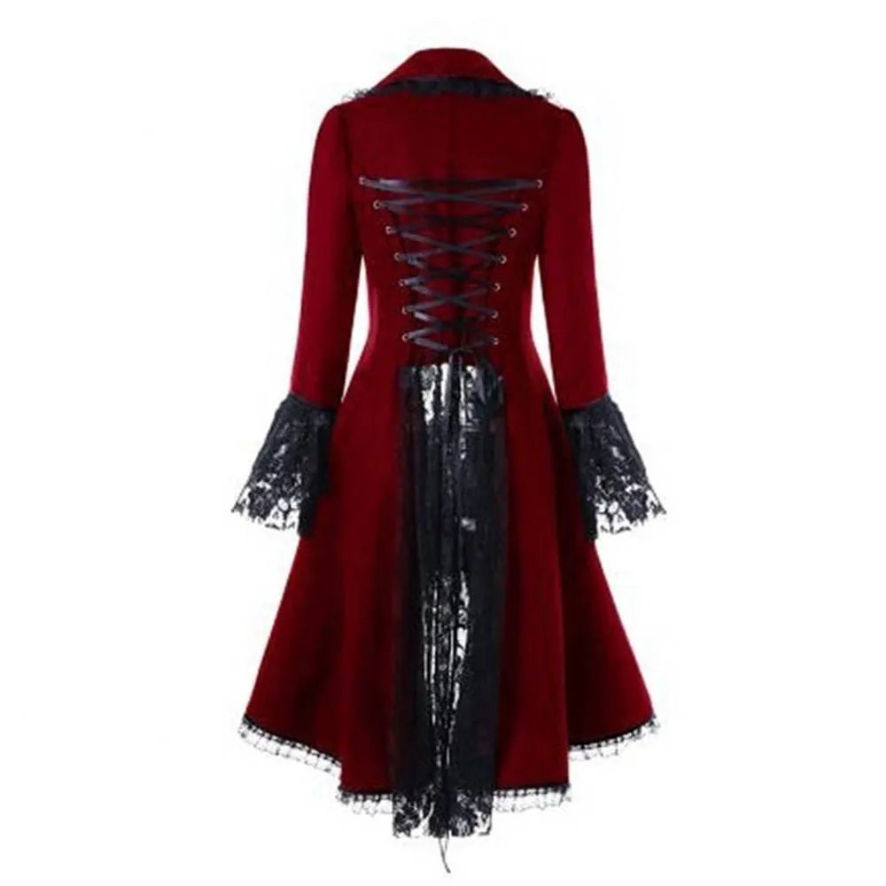 Women Medieval Steampunk Victorian Style Gothic Jacket Noble Court Retro Dress Halloween Costume Lace Trim Lace-up High Low Coat