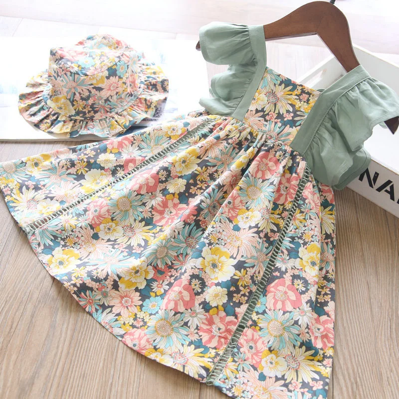 

Children's Clothing Summer New Girl's Fragmented Flower Girl Baby Western Style Backstrap Princess Dress With Hat