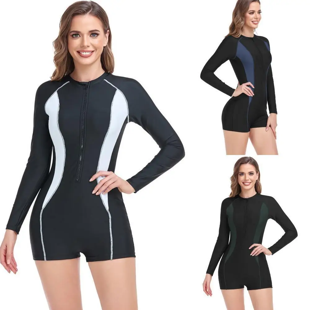 2024 new diving surfing suit splicing contrasting flat corner one-piece long sleeved sun protection swimsuit women's bikini