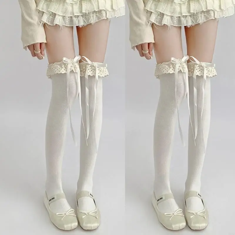 195E Lolitas Kniestrümpfe, süße, dünne, transparente, oberschenkelhohe Socken, Ballett-Rüschenstrumpf