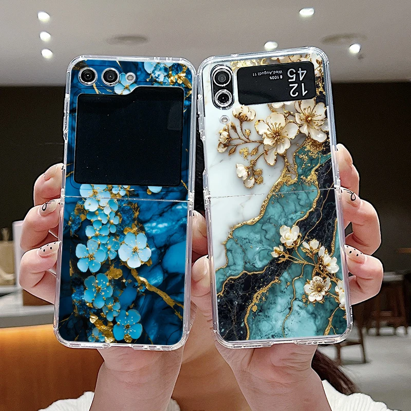 Aesthetic Flower Marble Texture Art Clear Phone Case for Samsung Galaxy Z Flip 7 Flip 6 5 4 3 5G Folding Cover for Z Flip7 Flip5