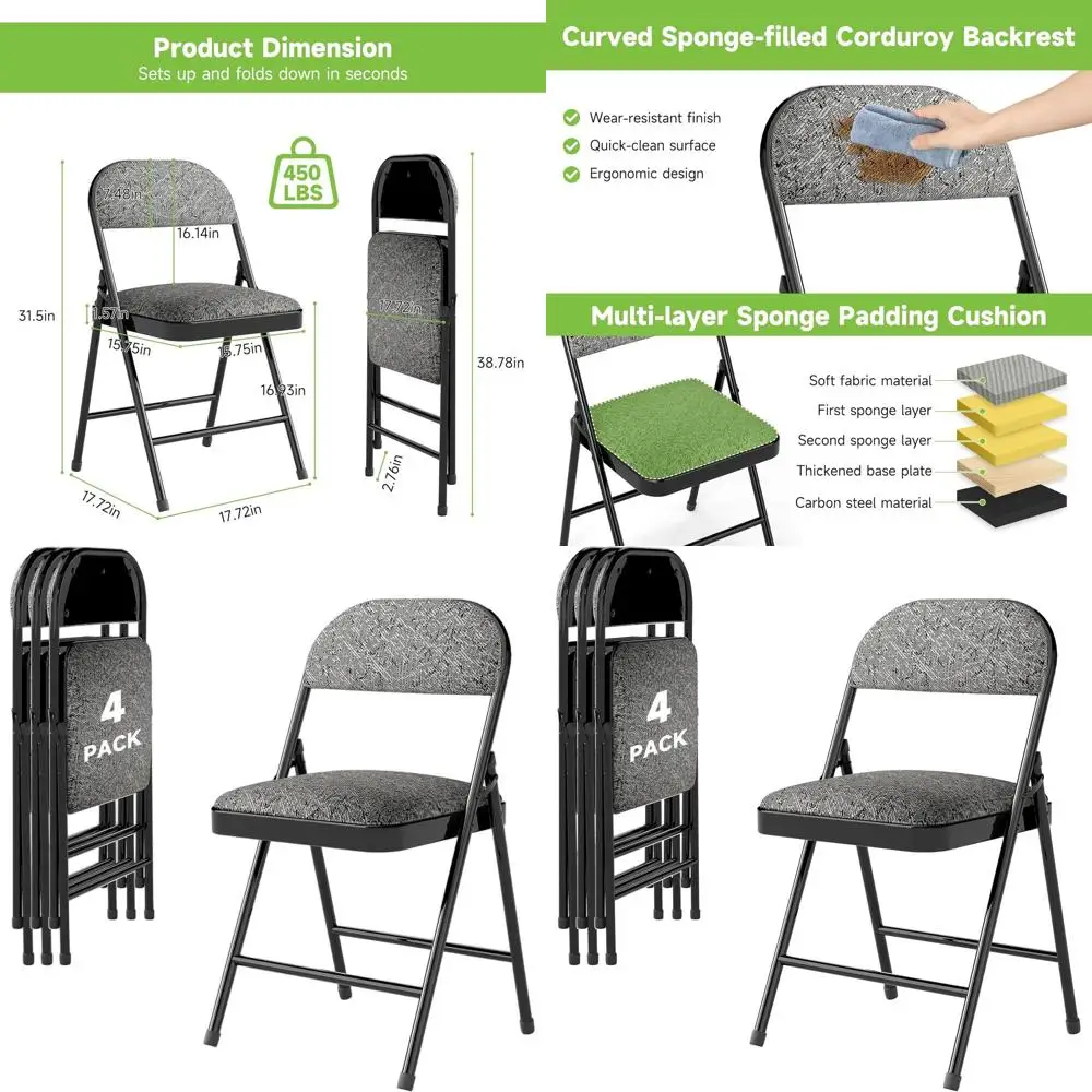 

4-Piece Fabric Cushioned Folding Chairs, Steel Metal Frame, Comfortable for Indoor/Outdoor, 450 lbs Capacity, Gray Fabric