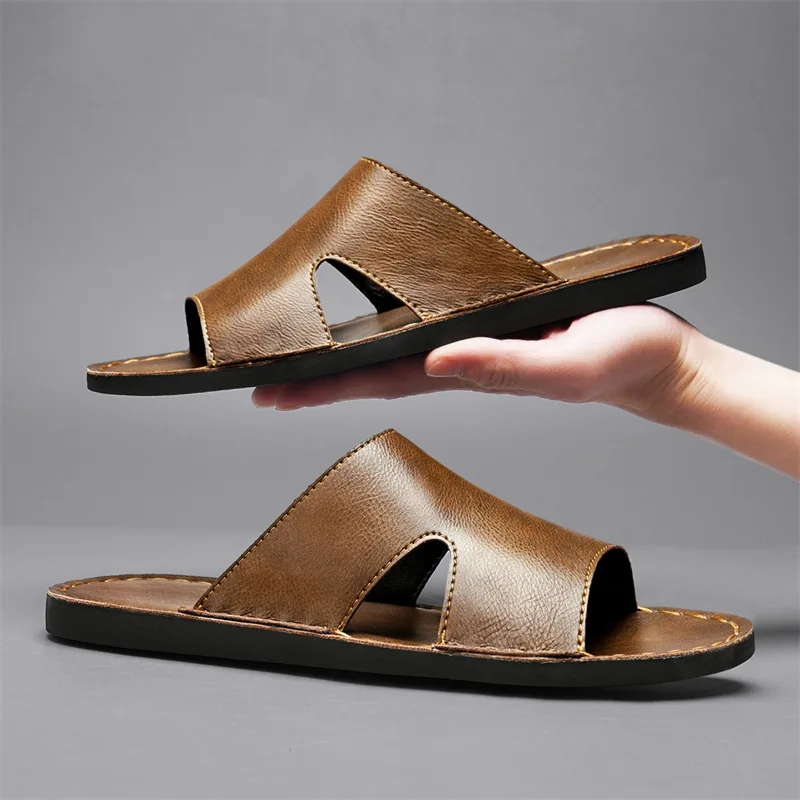 

Summer New Shoes for Men Leather Slippers Cool Casual Flat Slides Youth Fashion Beach Shoes Big Size 48