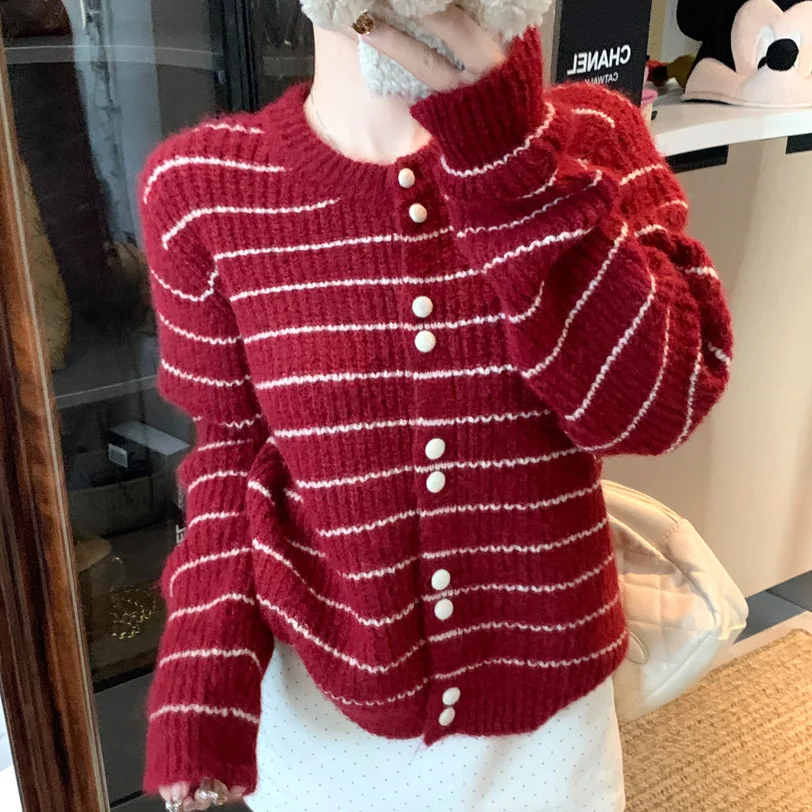 سترة محبوكة مخططة للنساء للخريف والشتاء سترة عتيقة على الطراز الكوري معطف محبوك بأكمام طويلة واحدة الصدر #4