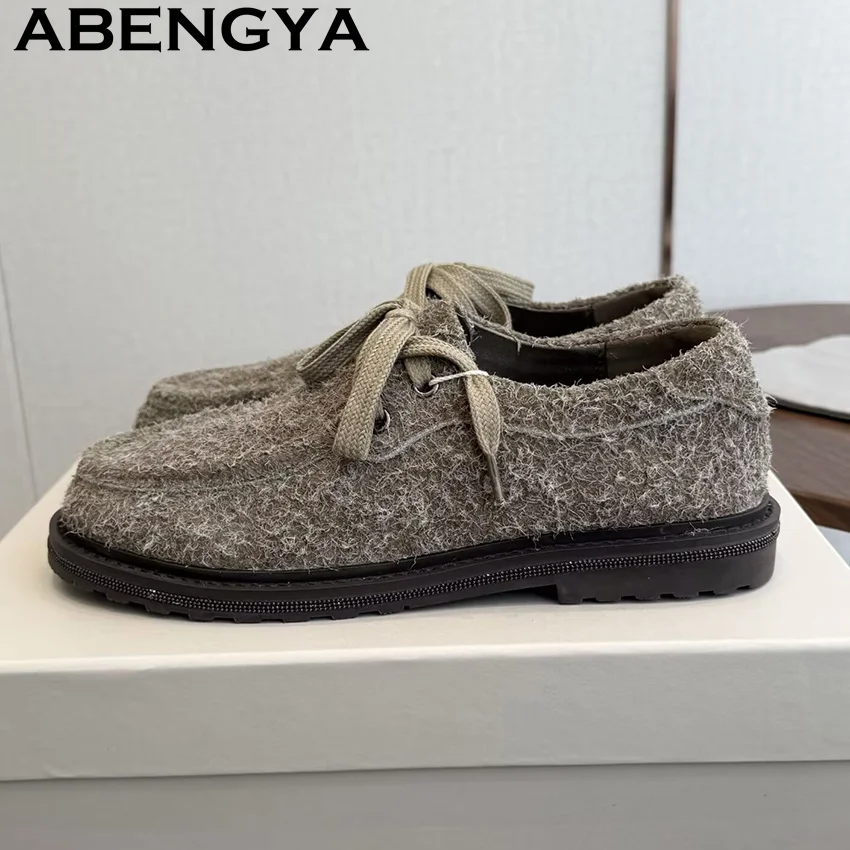Woollen Blanket Genuine Leather Lace Up Flat Shoes Women Round Toe Casual Doudou Shoes Autumn Loafers Lady Driving Shoes Women