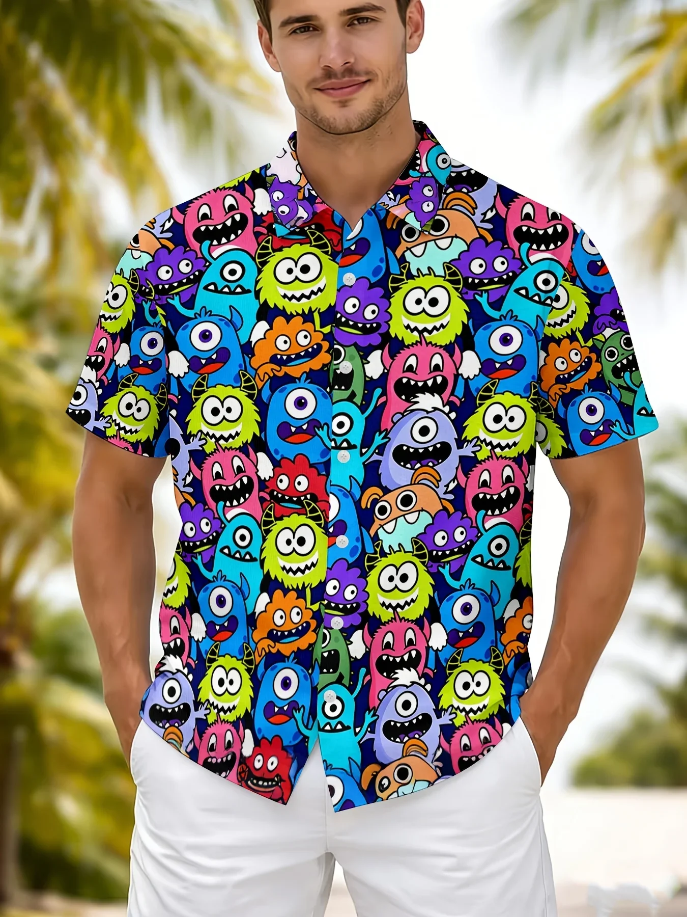 Marine Shark Ocean Wave Aloha Shirt Men Underwater Animal Print Loose Short Sleeve Lightweight Vacation Casual Top