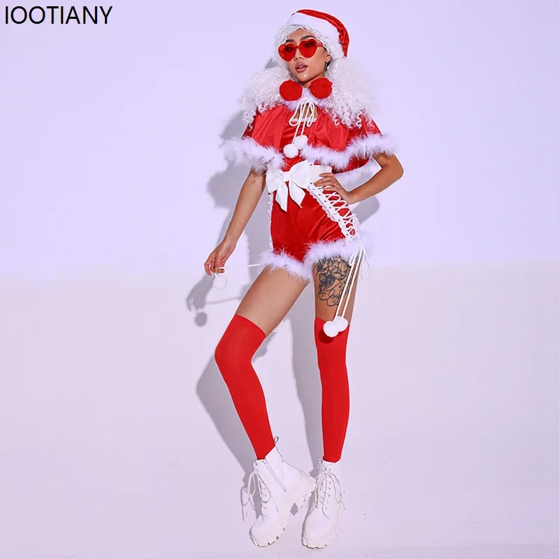 CosplayWomen مثير فستان عيد الميلاد سانتا كلوز تأثيري الأحمر شال السراويل بذلة ملهى ليلي بار GOGO DJ DS راقصة دعوى عيد الميلاد G
