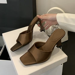 SUOJIALUN 2025 New Brand Summer Women Slipper Fashion Square Toe Slip On Slides Thin High Heel Outdoor Dress Ladies Elegant Pump
