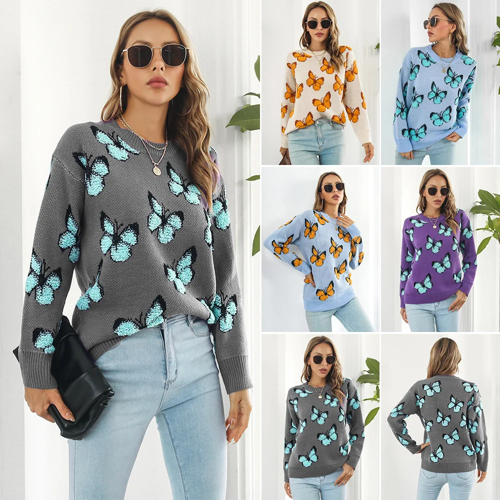 

Y2K stereoscopic butterfly animal jacquard sweater women loose long-sleeved European and American sweaters new
