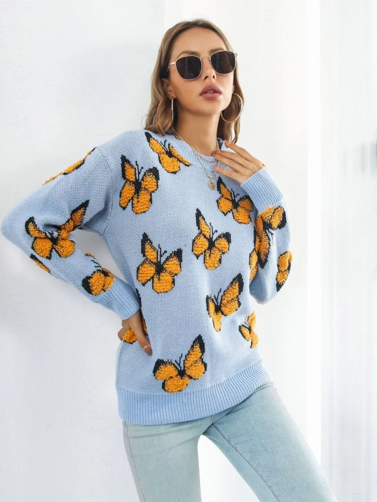 Women's New Autumn Winter Fashion Y2K Three-dimensional Butterfly Sweater Women's Loose Long Sleeved Knitted Sweater Sweater