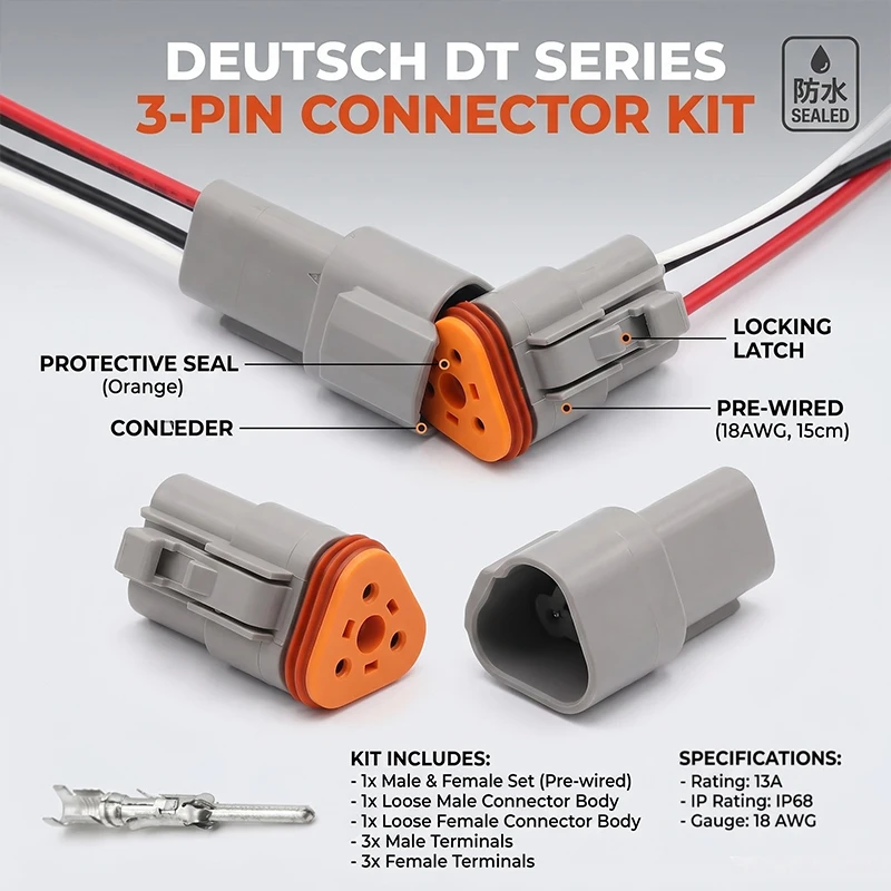 5/20/100 Sets 3 Pin Way Deutsch DT04-3P DT06-3S Waterproof Electrical Wire Connector 16-22 AWG DT Series Connector Male Female