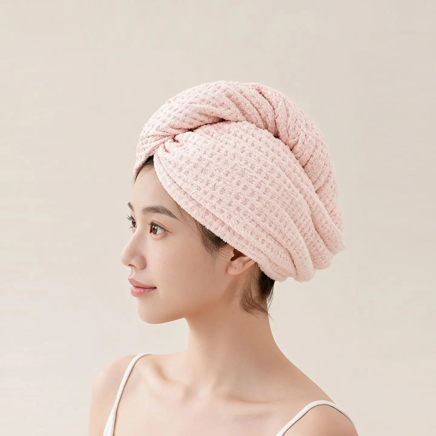 Waffle Weave Microfiber Hair Towel Wrap Quick Drying Absorbent Soft Pink Turban for Women Long Curly Bathroom Spa Travel Use