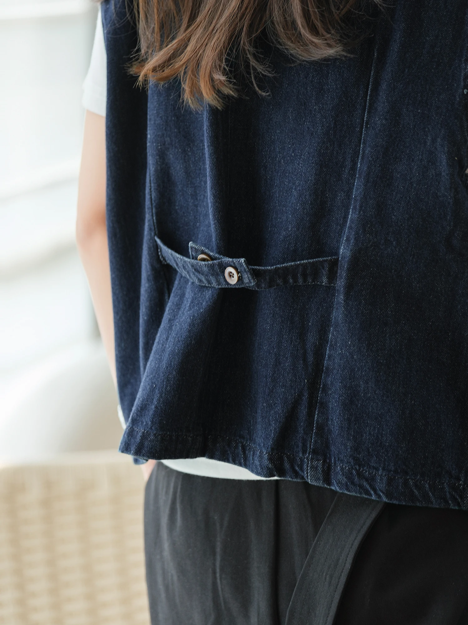 Adjustable Waist Loose Cotton Denim Vest Double Line Stitching Women's Summer Fashion Outerwear round Neck Single Button Closure
