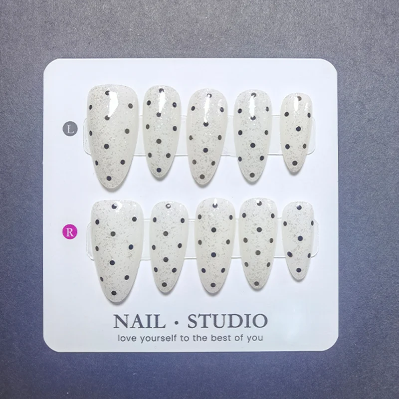 10Pcs Almond Cat Eye Press on Nails with Mirror Powder, Polka Dot Cherry Opal Design, Magnetic Chrome False Nails - view 4